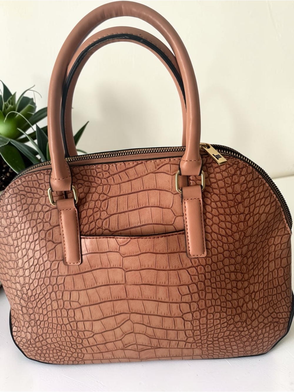 London Fog Vintage Tan/Nude Vegan Leather Croc-Embossed Satchel Gold Accents
